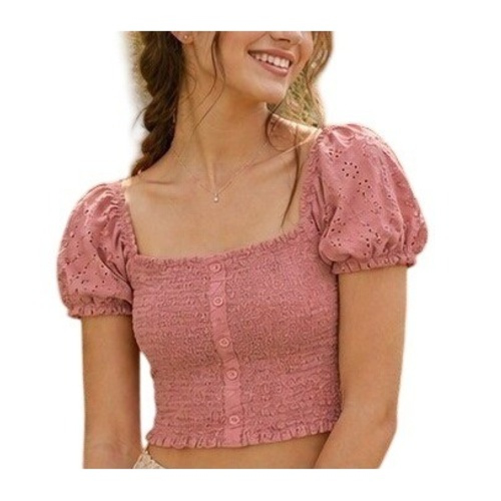 Ambiance Pink Eyelet Crop Top Size M Puff Sleeve Ruched Fairy Cottage Boho